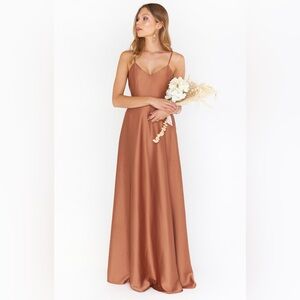 Show Me Your Mumu Faith Maxi Dress in Copper Luxe Satin